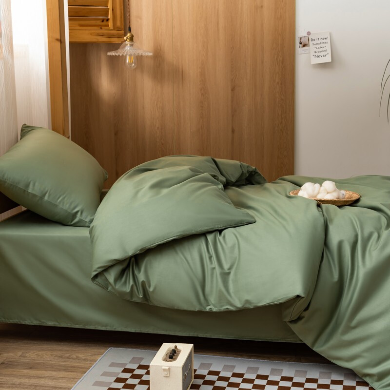 宜沃纯色全棉宿舍寝室卧室3件套4件套纯棉床单被套枕头0.9m1.2米1.5米1.8米床上用品可定制 军绿 YW-0611 2.0米床笠款4件套