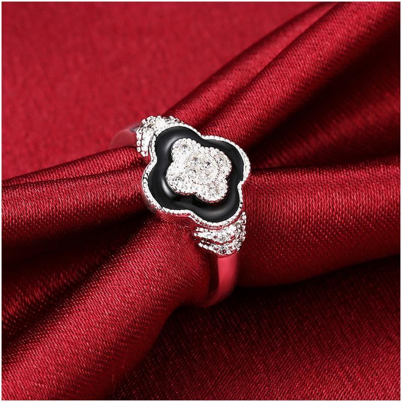 R843Women Silver Rings黑色滴油水晶戒指日韩指环四叶戒子女生送女朋友七夕情人节礼物