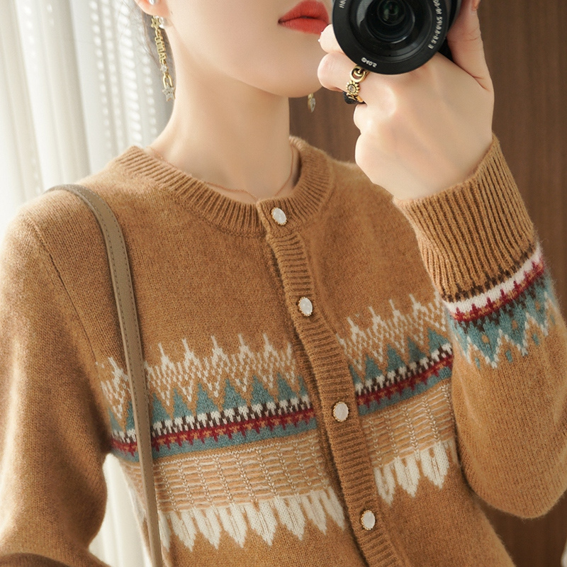21纯羊毛开衫女100%毛衣女宽松外穿羊绒衫撞色复古针织外套女外搭