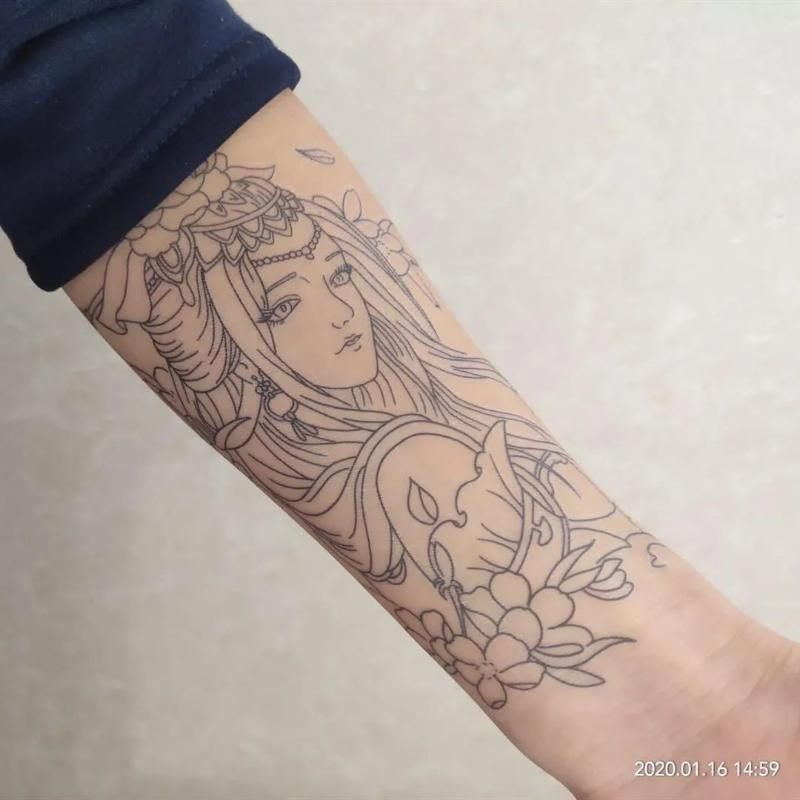 一张 割线虞姬线条刺青色艺妓花臂纹身贴貂蝉滴泪艺伎防水持久逼真