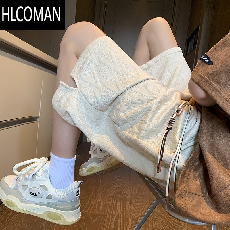 HLCOMAN纹理感提花运动短裤男夏季薄款宽松阔腿休闲裤白色五分裤