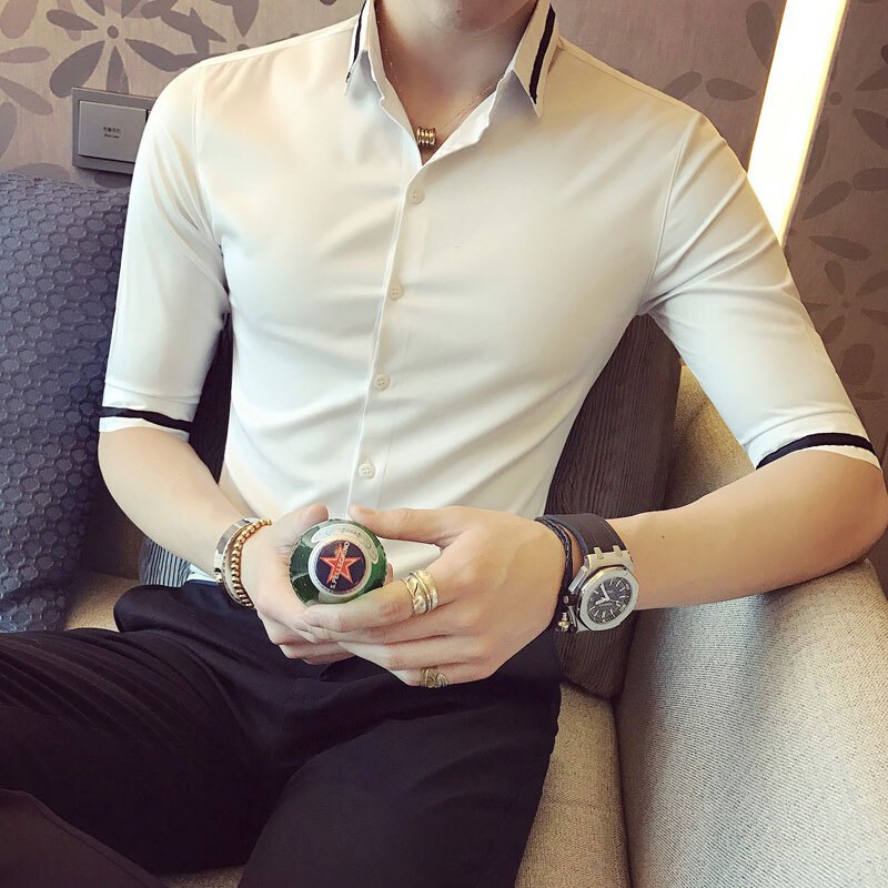 夏季男士印花短袖衬衫韩版修身七分袖衬衣型师男装青年潮流中袖白色C284白色