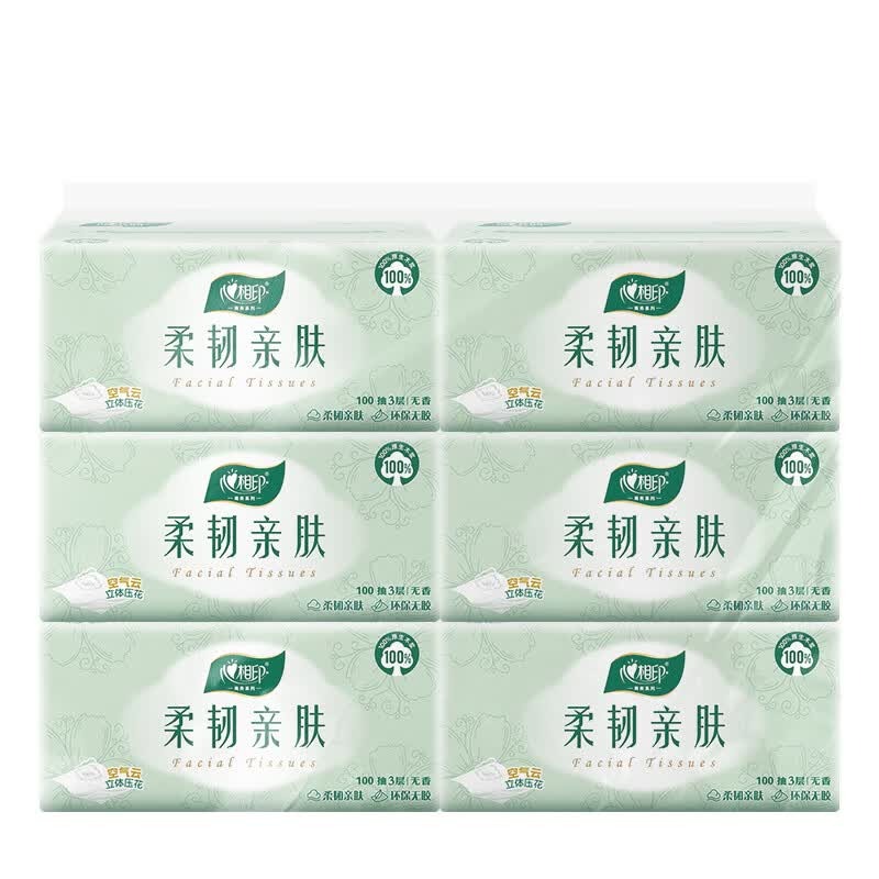 心相印柔韧亲肤三层100抽18包塑装抽纸(6包*3提)DT100(箱装)高清大图
