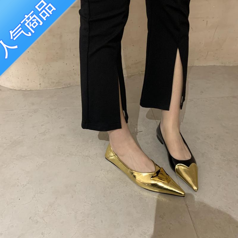 SUNTEK法式尖头平底鞋女2023春夏新款显瘦仙女风金色单鞋子方扣包头凉鞋