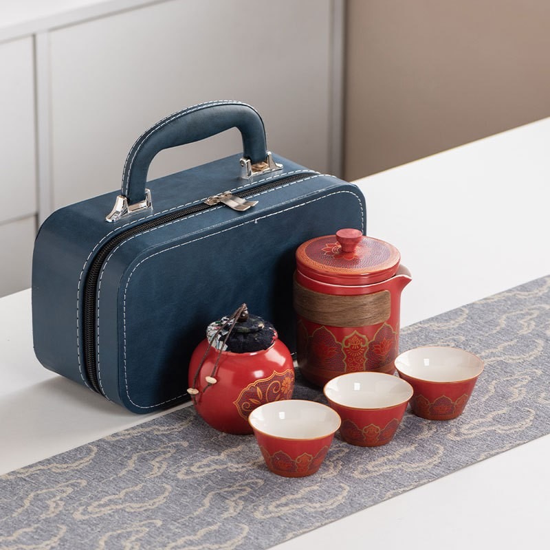 华普思旅行茶具套装 户外便携陶瓷快客杯玫红【古韵】一壶三杯+罐+蓝皮包