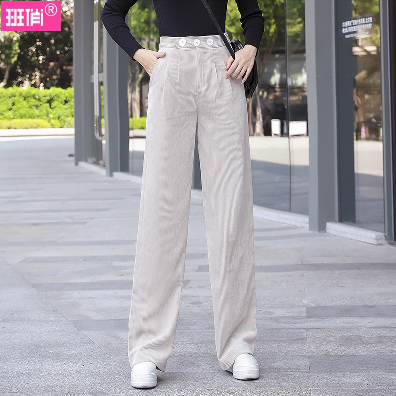 班俏BANQIAO班俏BANQIAO休闲裤女条绒阔腿裤女秋冬宽松垂感休闲长裤子高腰2019秋季灯芯绒直筒女装