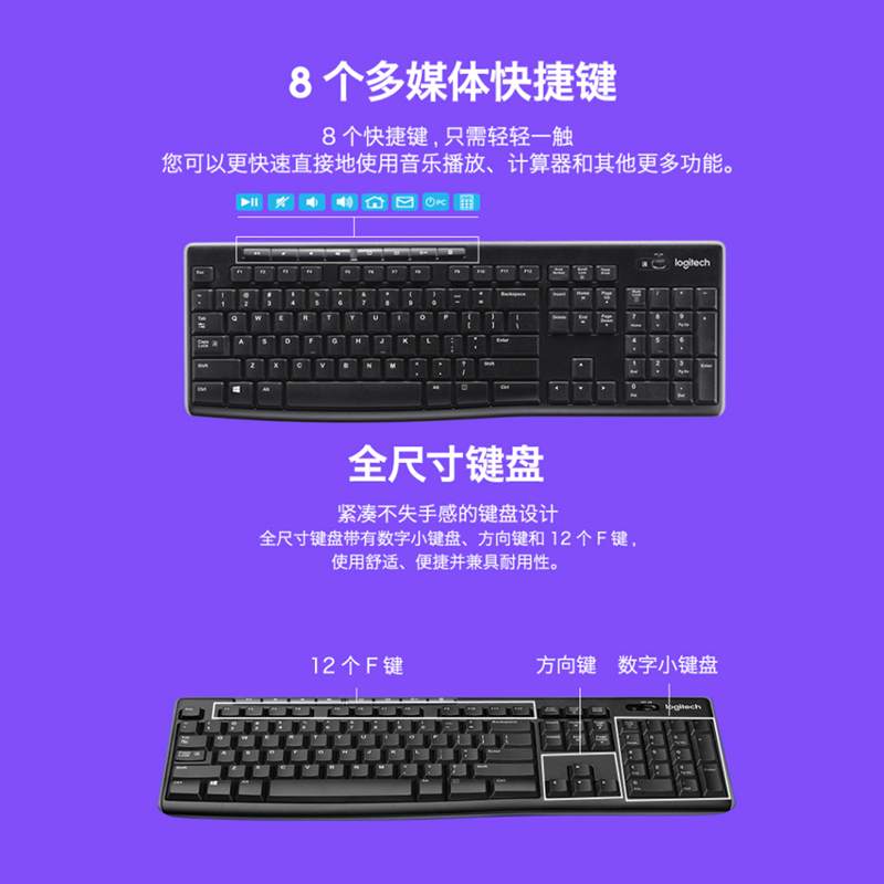 罗技(Logitech)MK270 无线键鼠套装USB接口光电家用游戏商务办公防泼溅台式机笔记本通用便携鼠标键盘 黑色高清大图