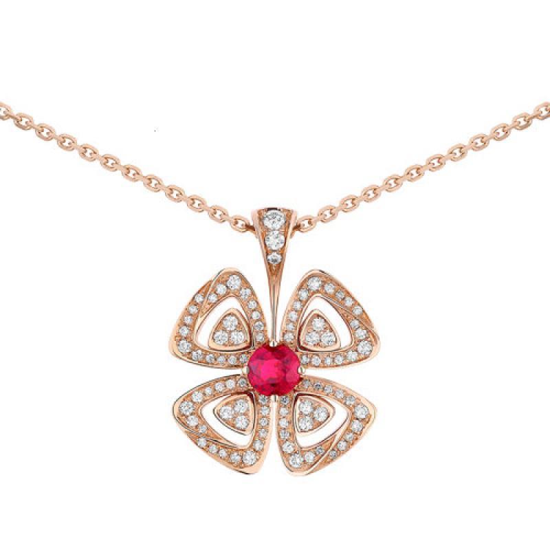 宝格丽fiorever系列18k金玫瑰金镶嵌红宝石与密镶钻石四叶草吊坠项链