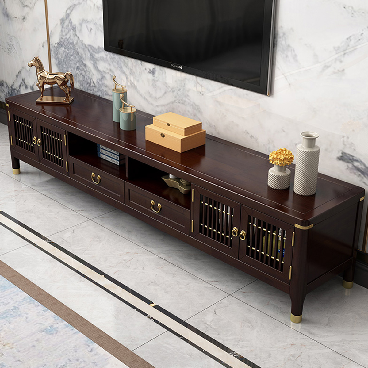 月影梳桐新中式实木电视柜客厅家具组合两门四抽屉落地储物收纳柜子