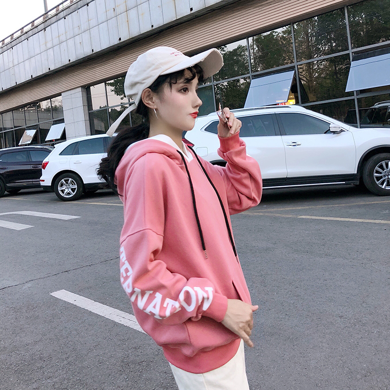 少女韩版宽松连帽印花字母加绒加厚套头中长款卫衣女2018秋装新款