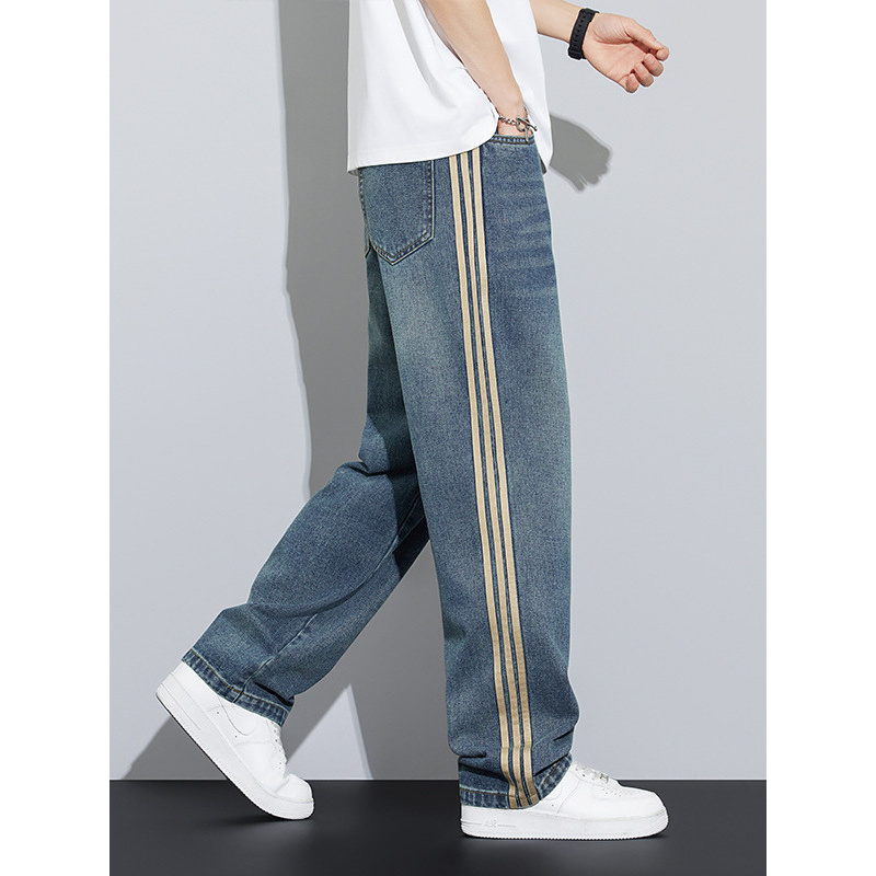 2025年夏季新款美式阔腿裤男生复古水洗做旧侧条纹宽松男士牛仔裤