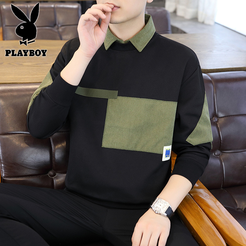 花花公子新款春秋长袖polo衫翻领卫衣T恤内搭衬衫领灯芯绒高清大图
