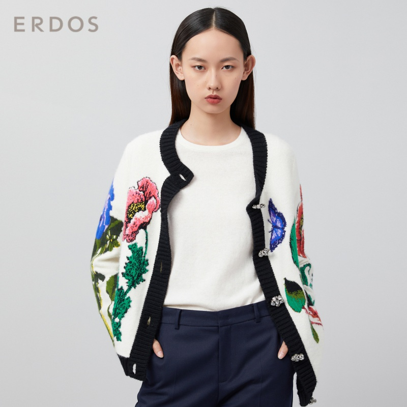 ERDOS 20春夏圆领植物花卉优雅女羊绒开衫针织衫