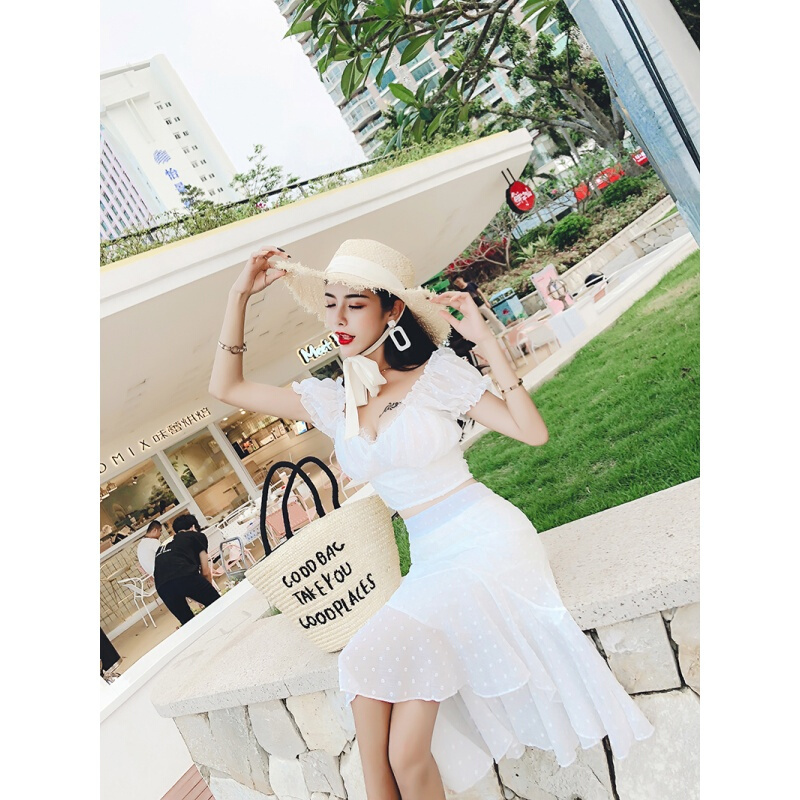 2018夏季韩版气质新款修身显瘦V领上衣+休闲半身裙海边度假女套装