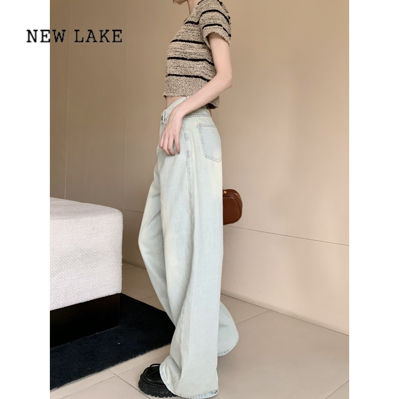 newlake大码水洗复古浅蓝色牛仔裤长裤女夏季高腰阔腿裤宽松拖地裤子