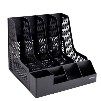 得力 78981 4联带笔筒收纳桌面文件框 办公室桌面多层资料架子 多功能镂空文件架 黑色