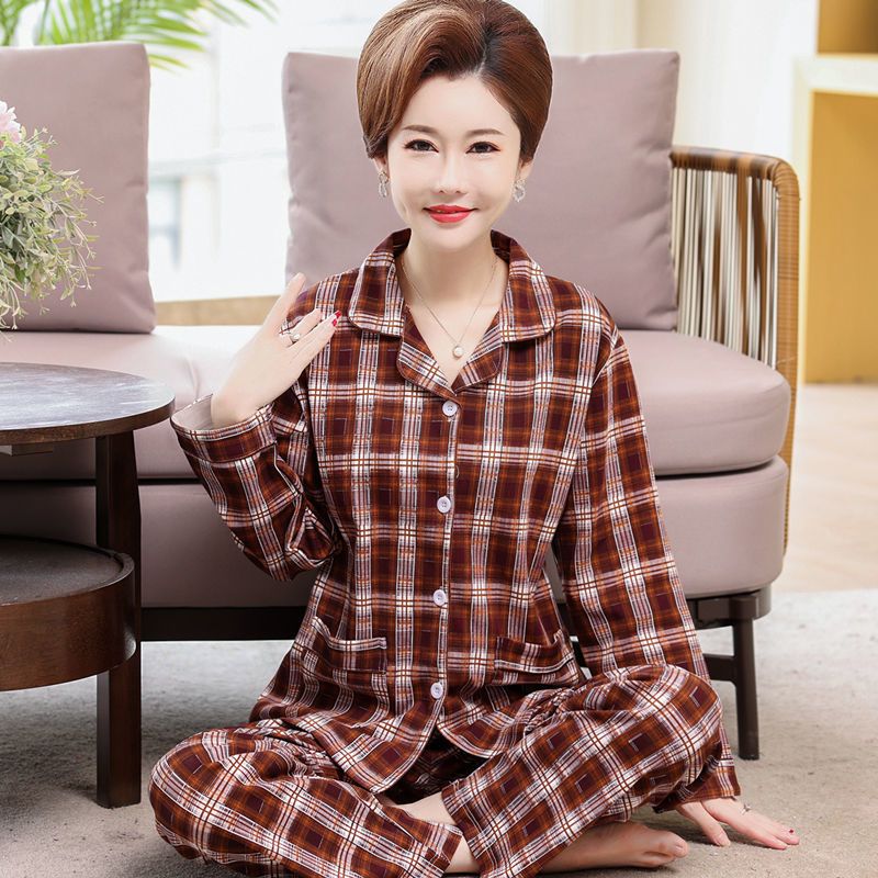睡衣女春秋季棉长袖开衫翻领中老年人妈妈款中年全棉家居服套装