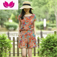 七斓2023新款棉绸套女夏季时尚宽松外穿人造棉海边度假短裤套装女 XL126-138斤 短裤套装/花舞如蝶