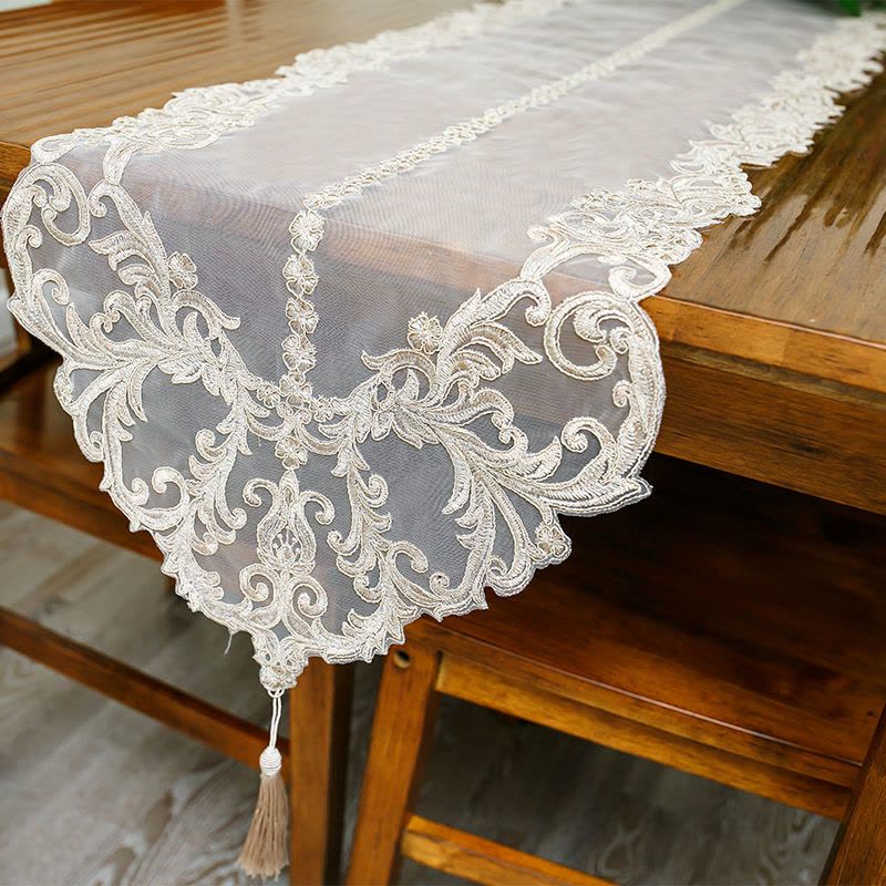 欧式桌旗蕾丝绣花桌旗电视柜盖布客厅梳妆台五斗柜蕾丝美式桌旗 米白色(双色绣线不纯白) 40cm*85cm图片