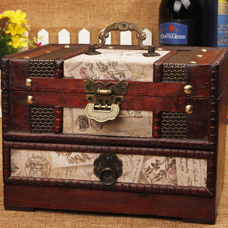 欧式仿古复古梳妆盒木质带锁小首饰盒简约带镜子首饰收纳结婚送礼多色