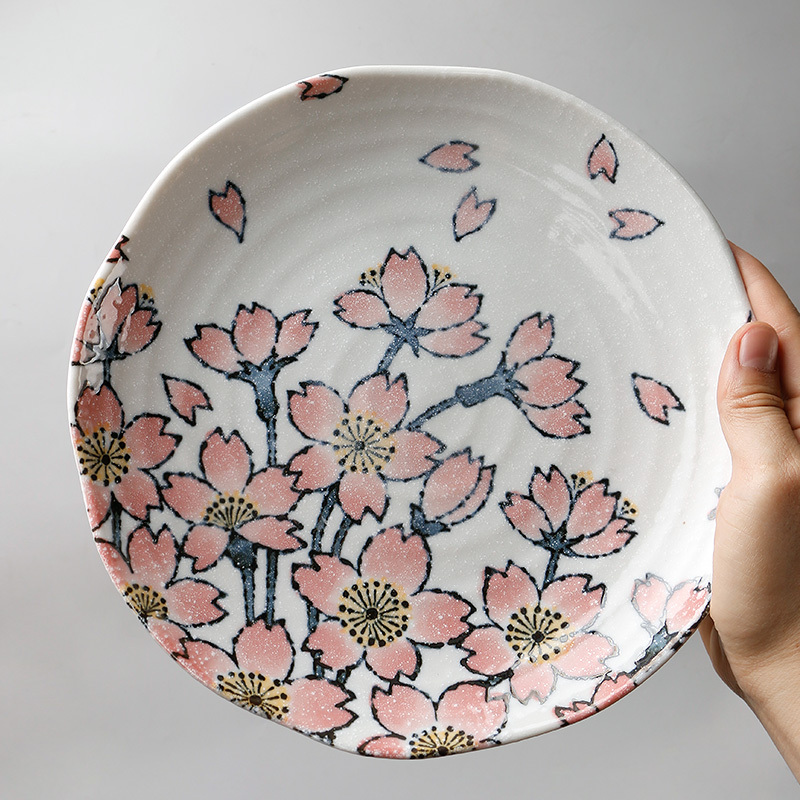 美浓烧日本进口碟子陶瓷家用菜盘饺子盘创意餐具三盘装(10英寸樱花盘)