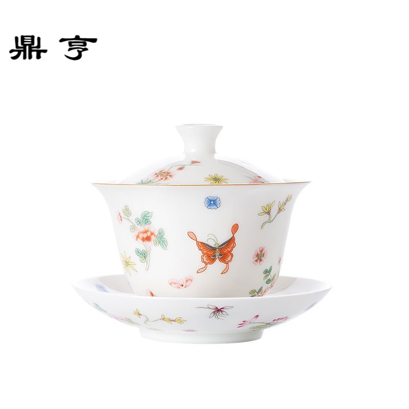 鼎亨粉彩盖碗茶杯 景德镇纯手工白瓷功夫茶具中式三才杯大号茶碗