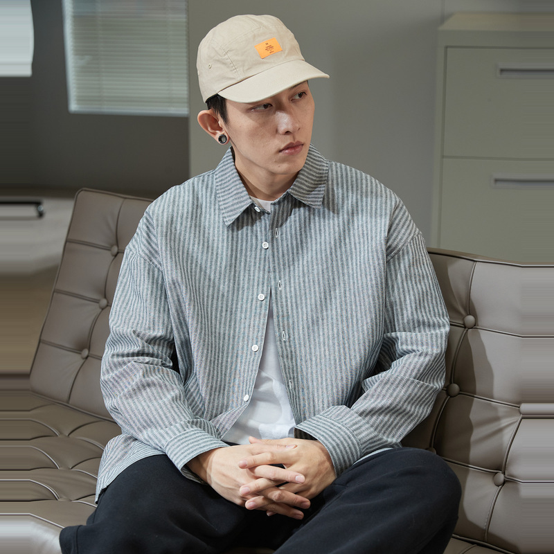 唐狮春季条纹衬衫男长袖宽松外穿加厚个性竖条纹衬衣纯棉上衣