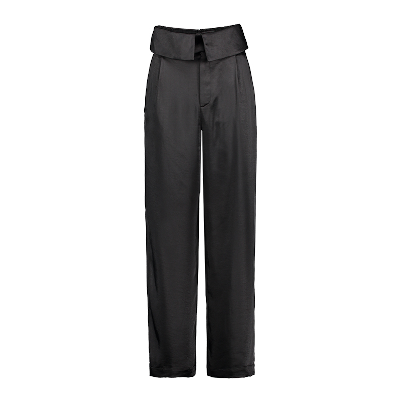 逸阳女裤2020春季新款阔腿裤女花苞腰宽松直筒梭织黑色显瘦长裤女