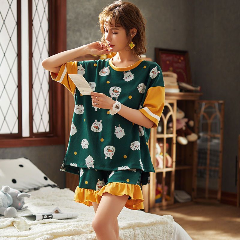 波迷娜(BOMINA)睡衣女夏季棉质短袖卡通清新学生两件套女士花边家居服 CDX2426