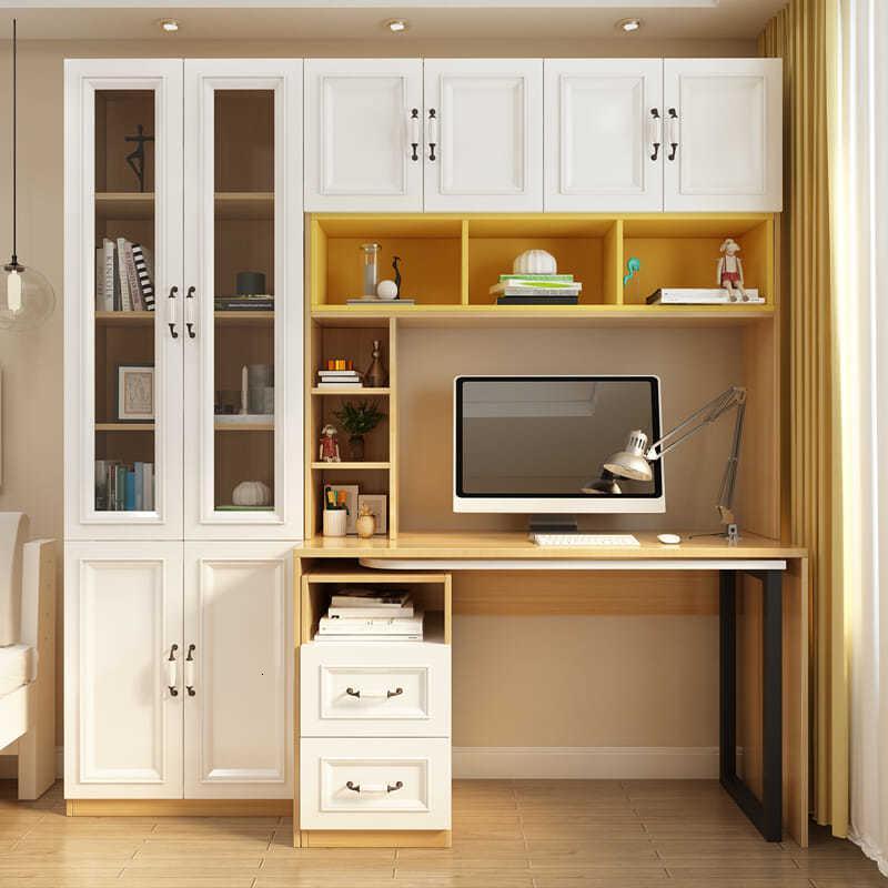 衣柜书柜书桌一体组合家用台式电脑桌实木色书架简约学习办公桌子定制