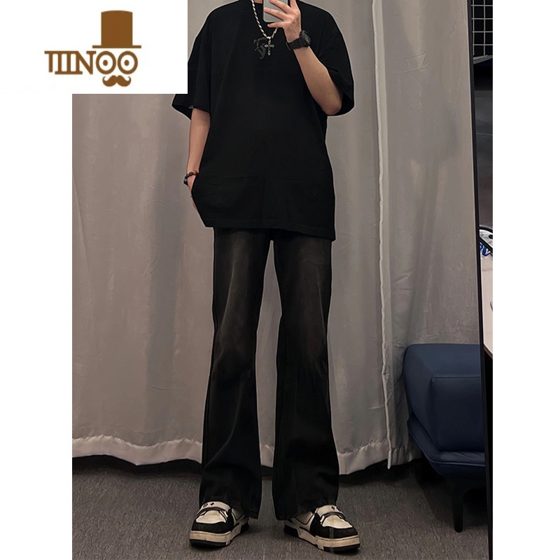 YANXU黑色弹力微喇牛仔裤男复古夏季美式高街潮牌vibe裤子痞帅直筒长裤高清大图