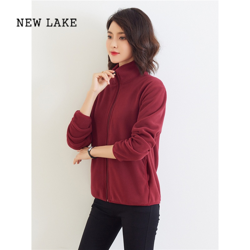 NEW LAKE新款摇粒绒开衫外套女春加厚保暖双面绒夹克户外大码抓绒衣男 酒红色-女款 M建议100斤以下