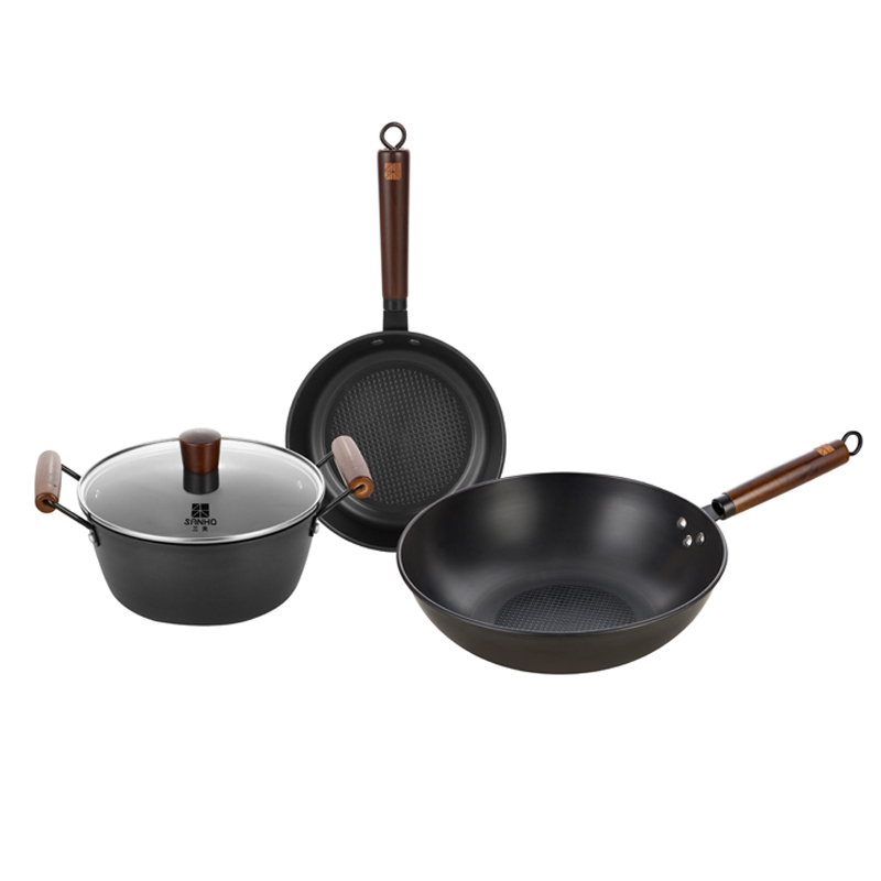 三禾(SANHO) 窒化铁锅三件套不粘防锈套装 炒锅32cm汤锅22cm煎锅22cm T321高清大图