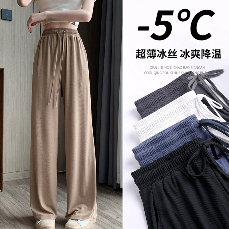 [2.5折价52元]唐狮夏季冰丝阔腿裤女宽松休闲冰丝薄款高腰垂感休闲百搭咖色阔腿裤女