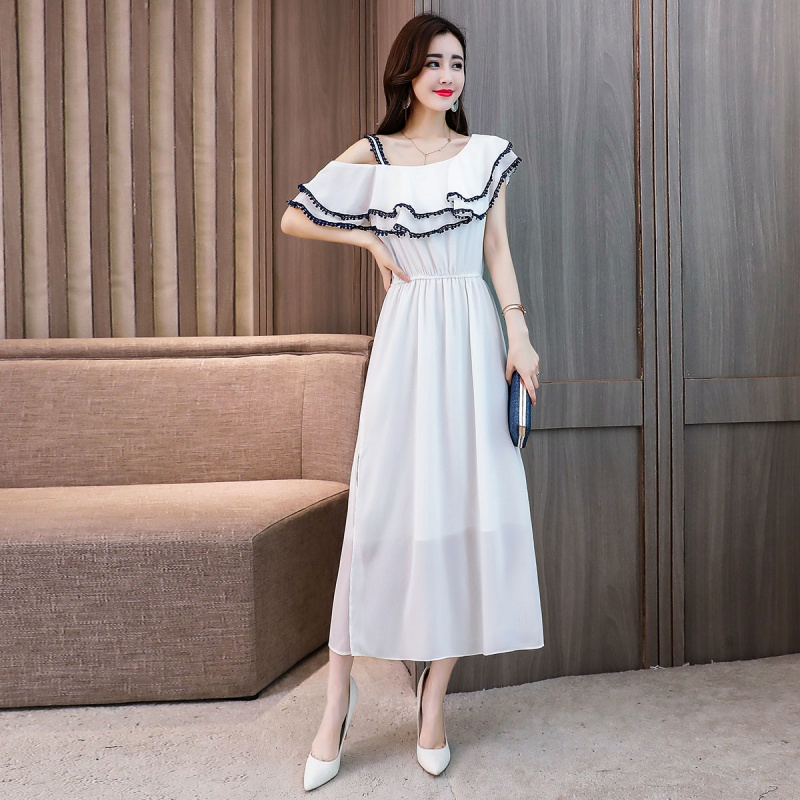 一字肩雪纺连衣女夏女士新品漏肩温柔仙女女长裙收腰显瘦初恋裙子