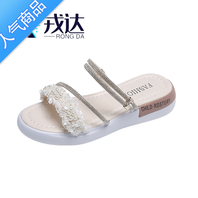 SUNTEK两穿凉鞋女2023年夏季新款一字带仙女风平底鞋外穿水钻珍珠凉拖鞋高清大图