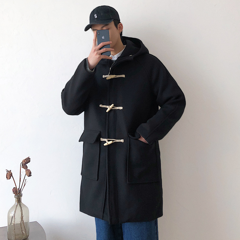yuansu秋冬新款日系连帽牛角扣风衣男中长款潮流宽松呢大衣学生毛呢