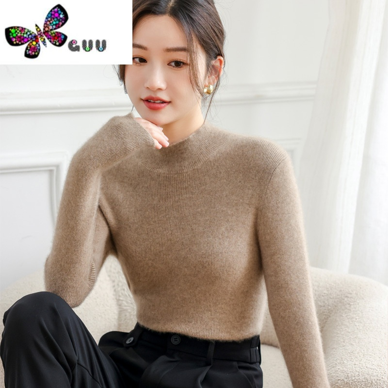 语娄半高领打底衫女士修身长袖正肩黑白色紧身内搭毛针织衫毛衣