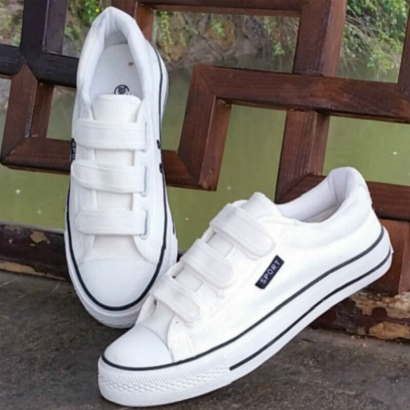 bomina黑白色帆布鞋男女无鞋带魔术贴低帮平底学生百搭透气休闲板鞋