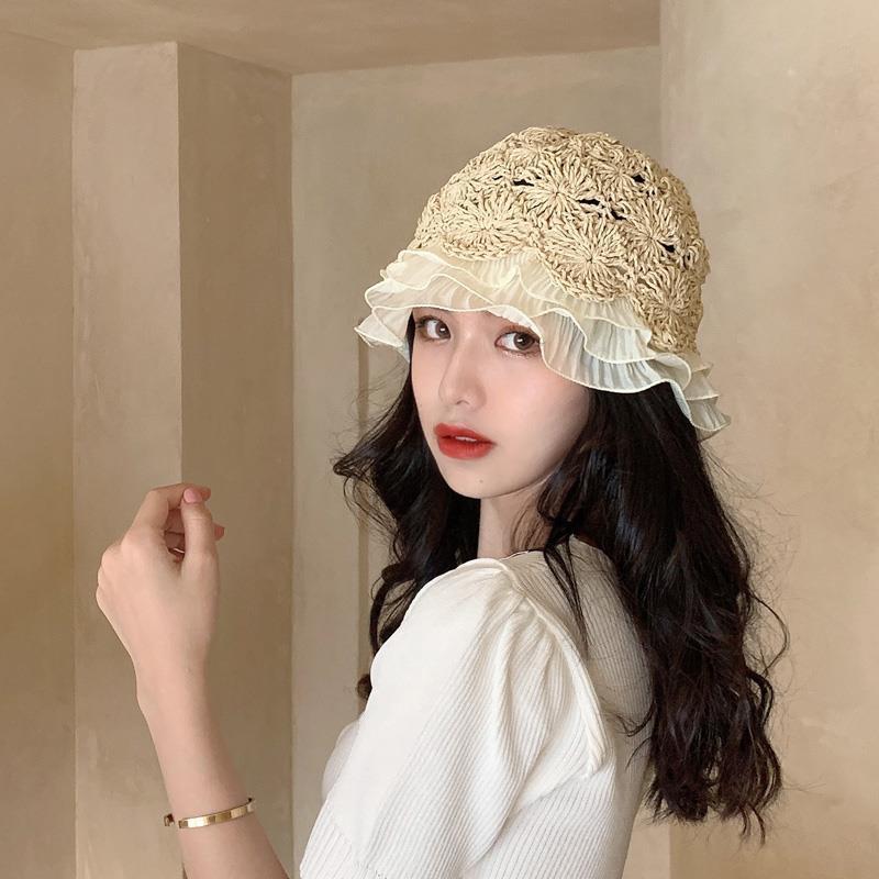 蕾丝草帽女小清新韩版百搭防晒遮阳水桶帽子小沿夏季小檐个性装饰