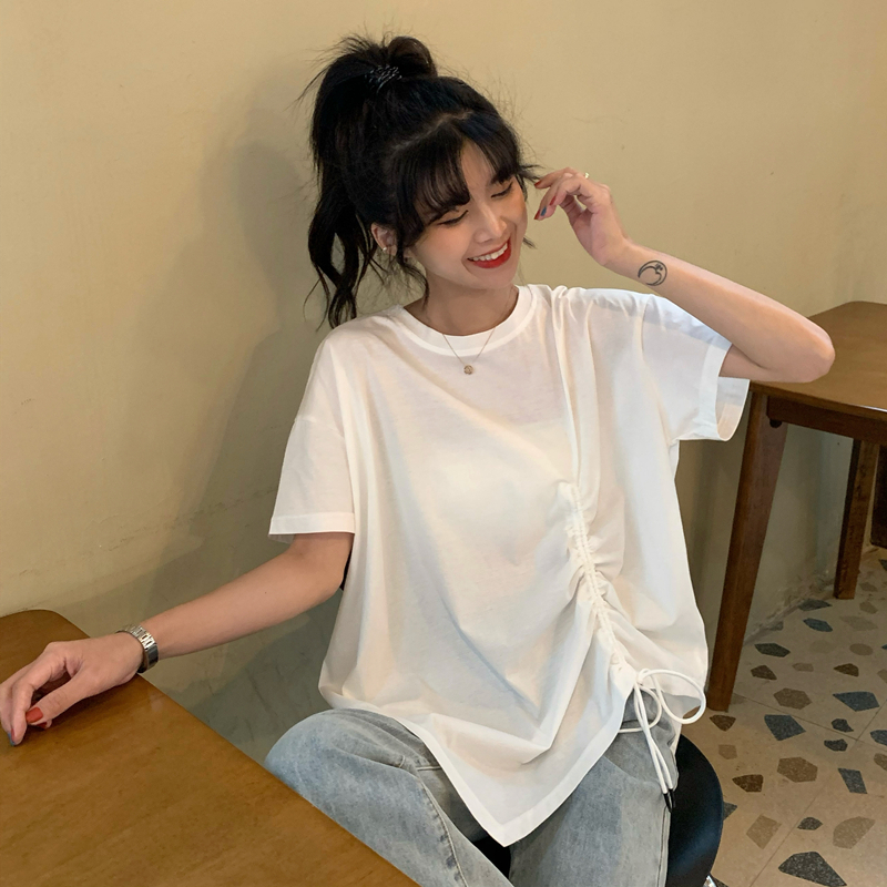 pass短袖t恤女夏季ins潮宽松韩版抽绳不规则t恤上