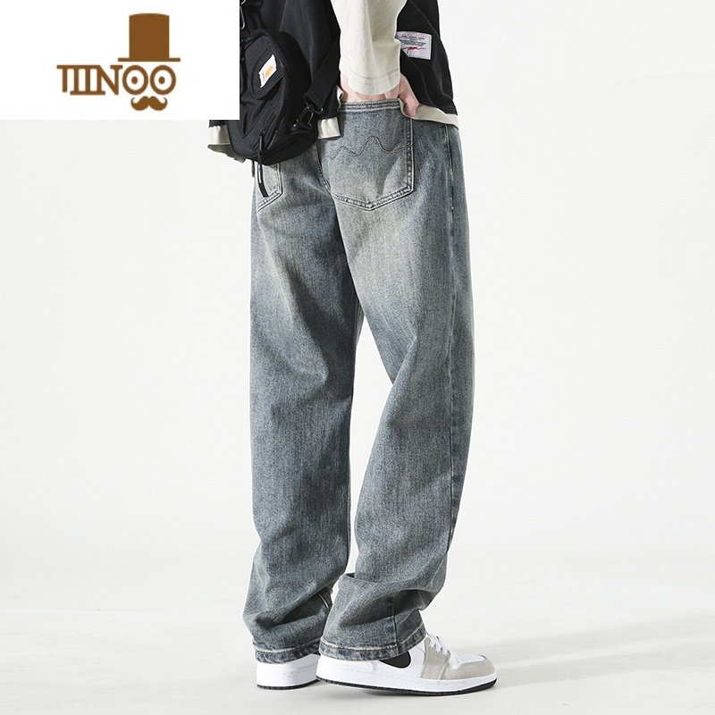 YANXU复古牛仔裤男做旧水洗高街潮牌休闲裤青少年直筒拖地长裤子高清大图
