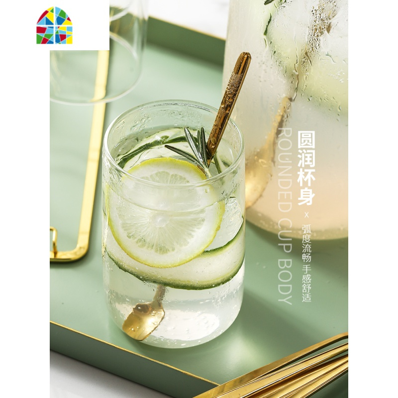 凉水壶玻璃可高温大容量 冷水壶套装北欧创意 家用水杯凉白开水壶 FENGHOU 6杯6方勺+金架+小号描金托盘时尚橙