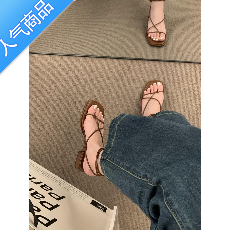 SUNTEK法式高级感细带夹趾罗马鞋2023年新款夏季平底粗跟仙女风绝美凉鞋高清大图