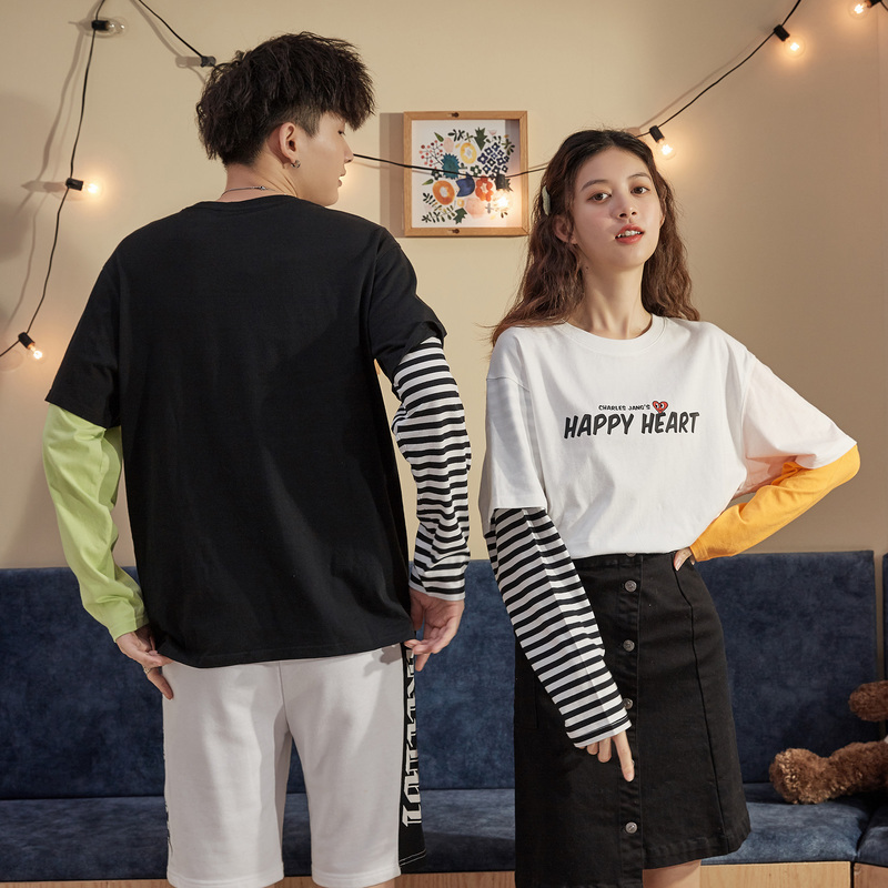 99元任选2件桃心联名唐狮春季新款情侣装长袖t恤假两条纹上衣学生潮