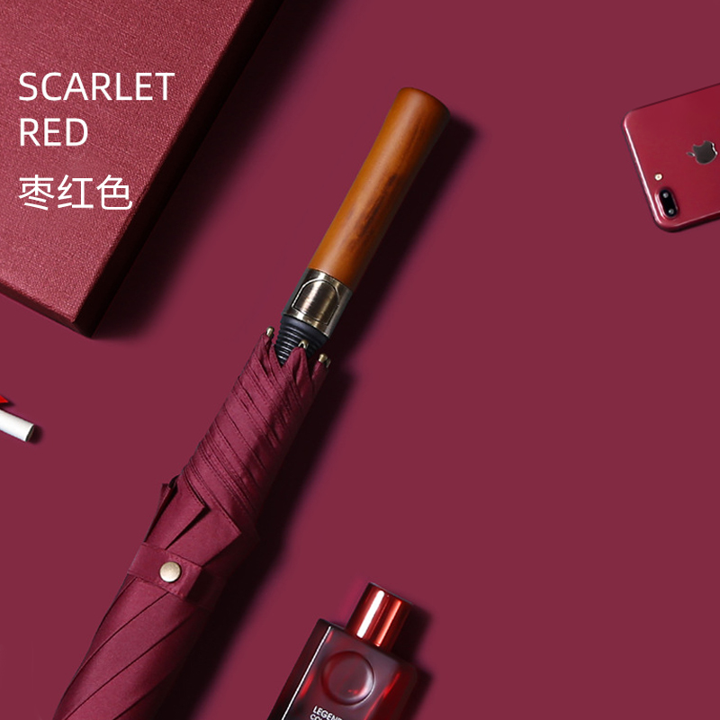 红叶长柄直杆伞自动雨伞男晴雨伞大雨伞长柄复古直柄伞长柄伞DF2859 枣红色