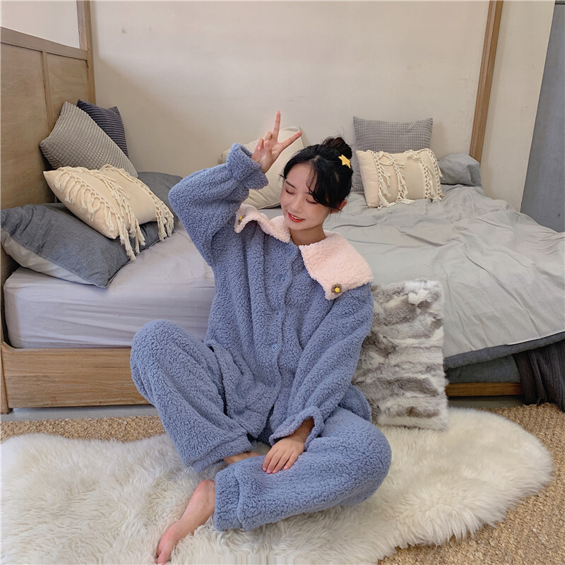 波迷娜(BOMINA)大码睡衣女200斤冬季款韩版可爱宽松加厚睡衣女冬季2021新款舒适休闲睡裤家居服两件套萌 蓝色开衫