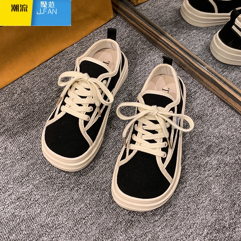聚范厚底帆布鞋女2023秋季新款百搭ulzzang透气休闲板鞋显脚款气l脚 黑色 39