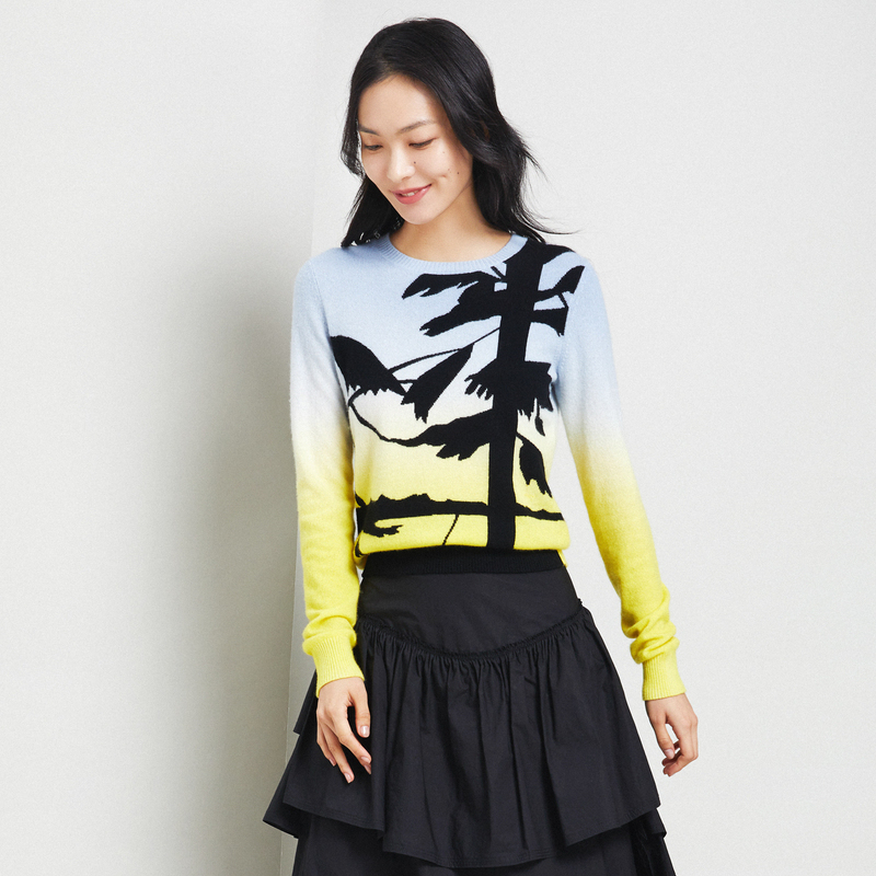 鄂尔多斯ERDOS [刘雯同款]早秋圆领时尚提花吊染羊绒衫针织衫女毛衣