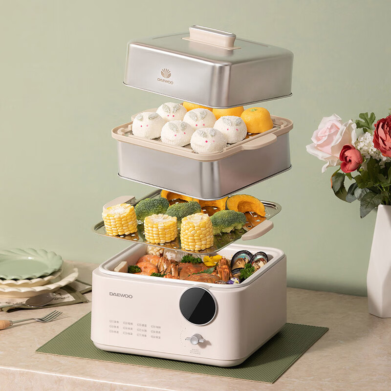 大宇(DAEWOO) 1350W不粘锅体12L容量 LED显示面板多功能电蒸锅 流苏白 DYZL-12L35高清大图